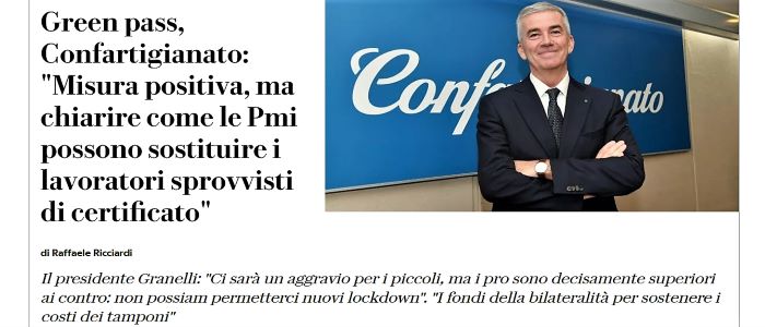 MEDIA – Green pass e piccole imprese: intervista del Presidente Granelli su Repubblica.it