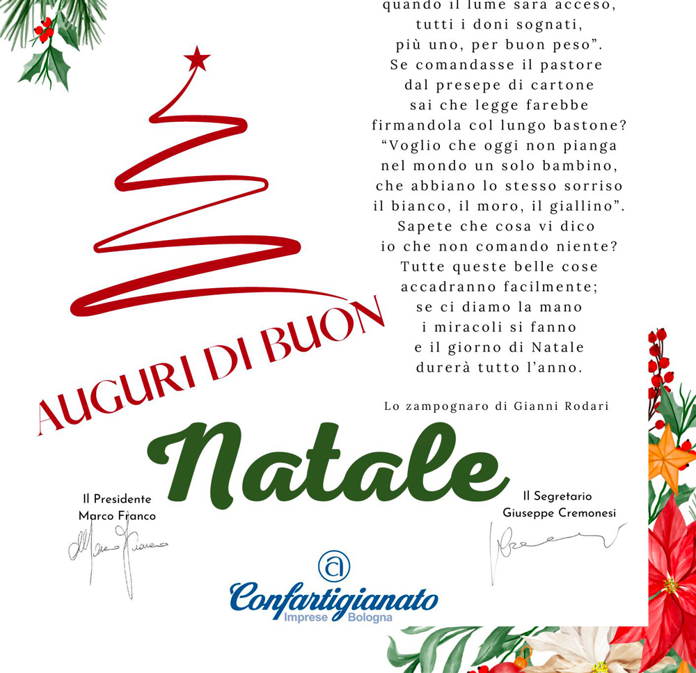 ORARI FESTE – Confartigianato Bologna nell’augurare Buone Feste, ricorda che gli uffici dell’Associazione saranno chiusi dal 27 dicembre all’1 gennaio compresi